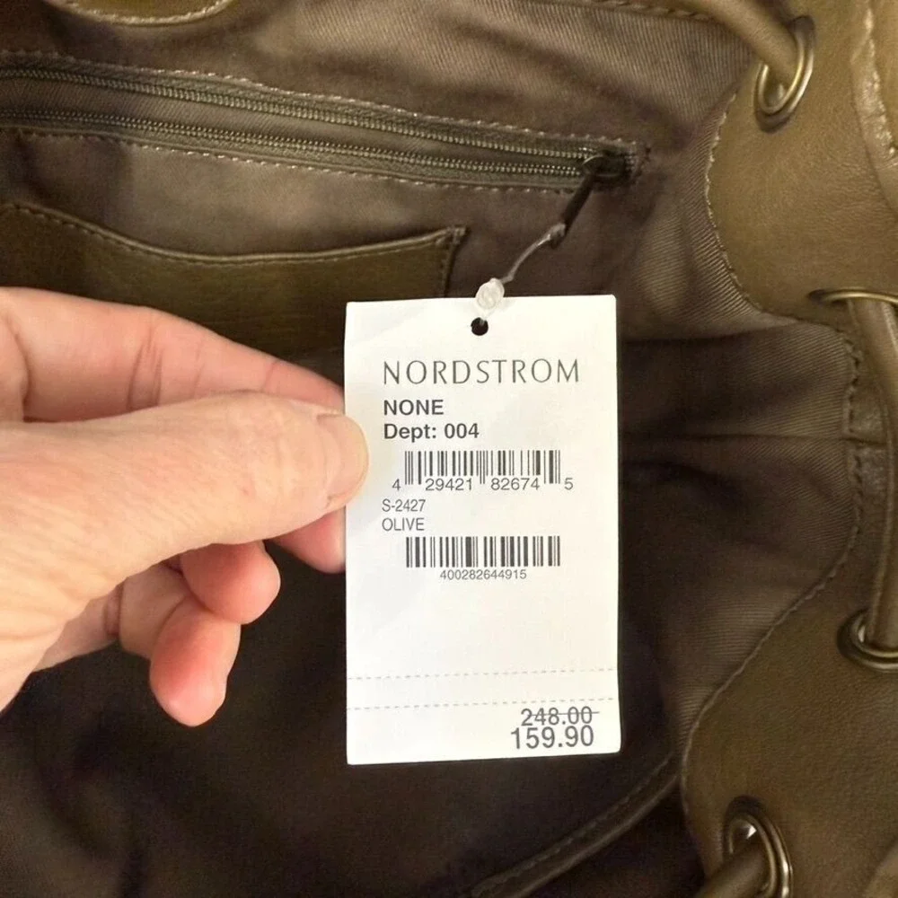 Nordstrom Olive‎ Green Leather Bucket Bag Adjustable Strap Drawstring Close NWT